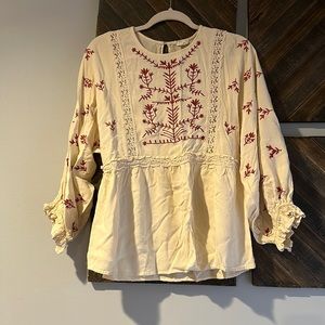 Entro Cream Blouse with Red Embroidery